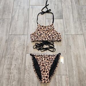 Malia Mills Bikini Set Women’s S  Leopard Print Tie-Halter Top High Rise Bottoms